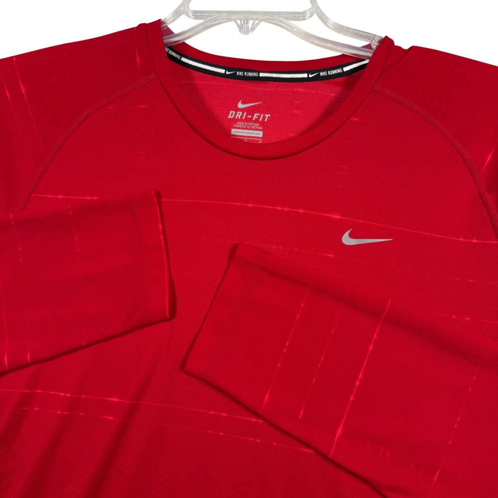 Nike Miler Running Shirt Mens Large Red Long Sleeve Dri-FIT Striped Athletic